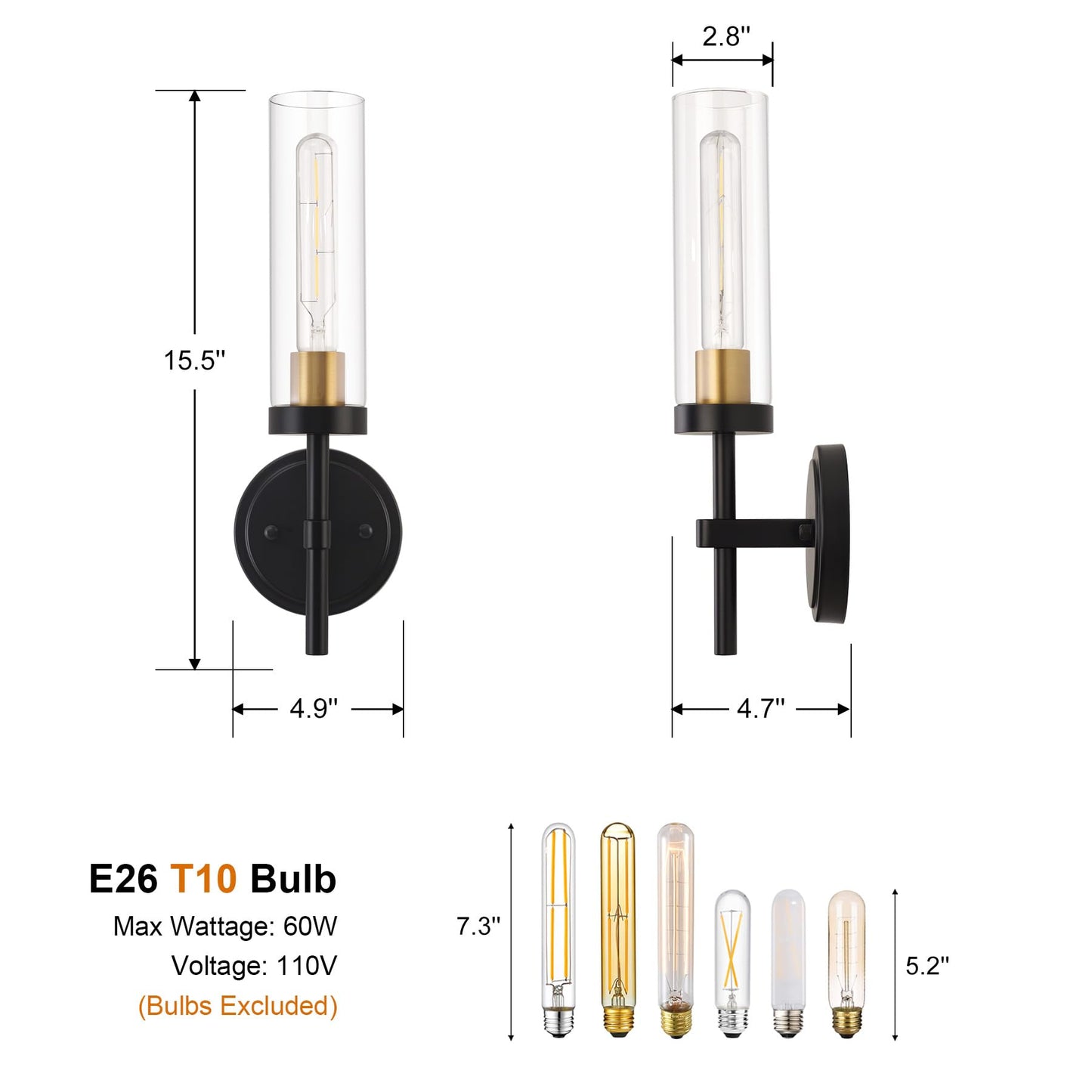 Hardwired Wall Sconces Set of Two, Black and Gold Bathroom Vanity Sconces Wall Lighting with Clear Glass Shade, Modern Farmhouse Wall Mount Lights for Mirror Bedroom Living Room Hallway Kitchen