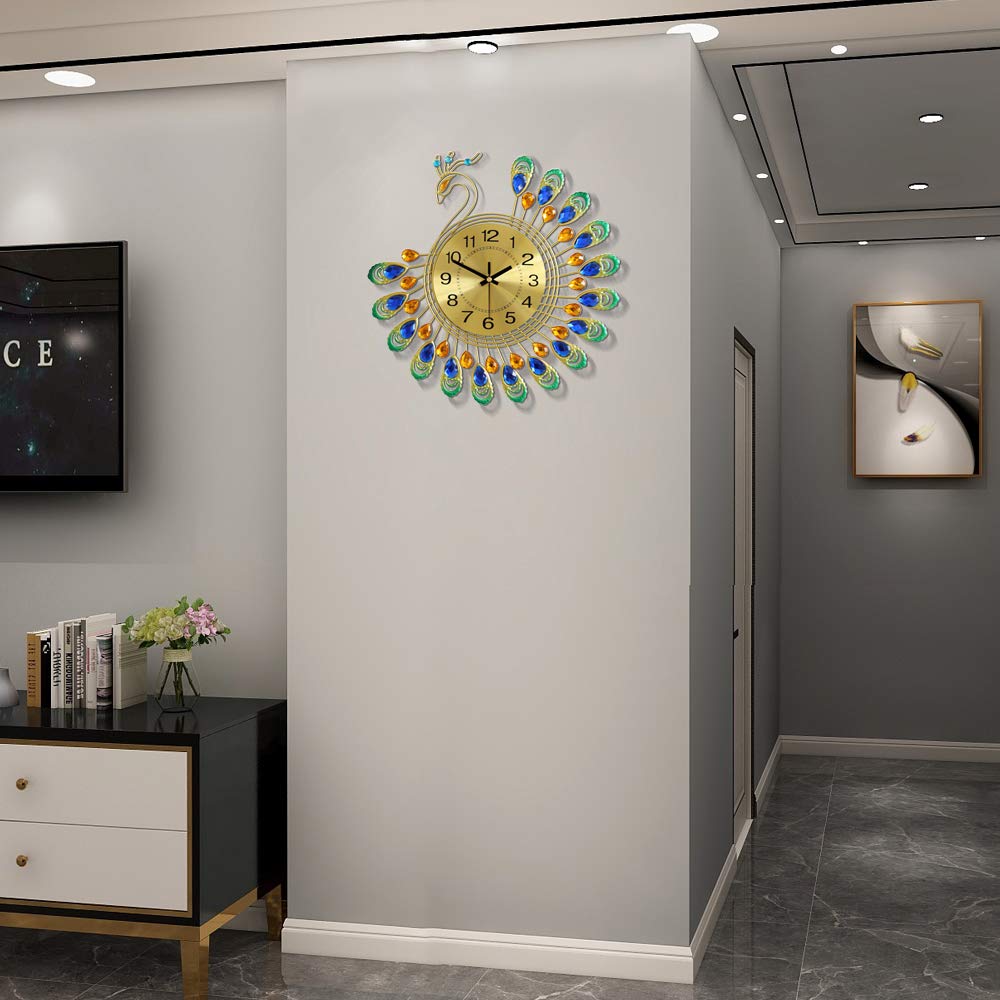 FLEBLE Large Wall Clocks for Living Room Decor Gold Decoration Wall Clock Silent Battery Operated Non Ticking for Bedroom Kitchen 14 Inch Retro Peacock Crystal Wall Watch Quartz for Home Office Indoor