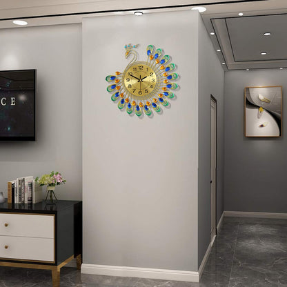 FLEBLE Large Wall Clocks for Living Room Decor Gold Decoration Wall Clock Silent Battery Operated Non Ticking for Bedroom Kitchen 14 Inch Retro Peacock Crystal Wall Watch Quartz for Home Office Indoor