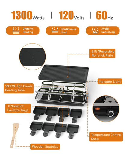 HBN Electric Raclette Table Grill with 8 Warming Trays, 2-in-1 Korean BBQ Grill & Electric Griddle Nonstick, Adjustable Temperature Control,1300W, Great for Indoor Family Gatherings, Parties & Dining
