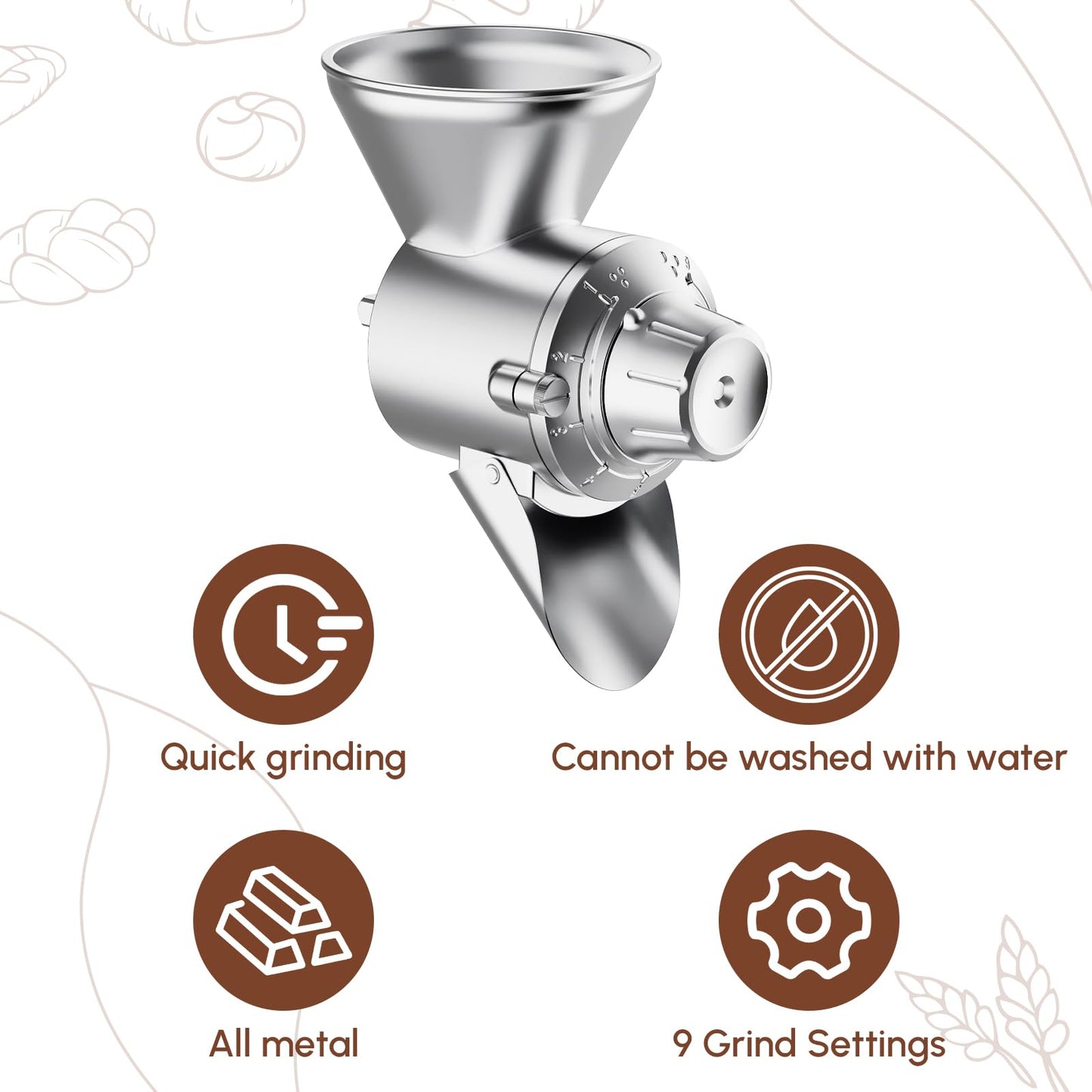 HOZODO Grain Mill Attachment for KitchenAid Stand Mixer, All Metal 9 Levels Flour Mill for KitchenAid, Suitable for Fully Dried Low-Moisture, Low-Oil Grains, Grain Corn, Millet, Wheat