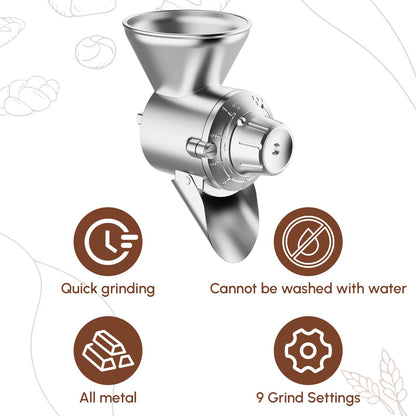 HOZODO Grain Mill Attachment for KitchenAid Stand Mixer, All Metal 9 Levels Flour Mill for KitchenAid, Suitable for Fully Dried Low-Moisture, Low-Oil Grains, Grain Corn, Millet, Wheat