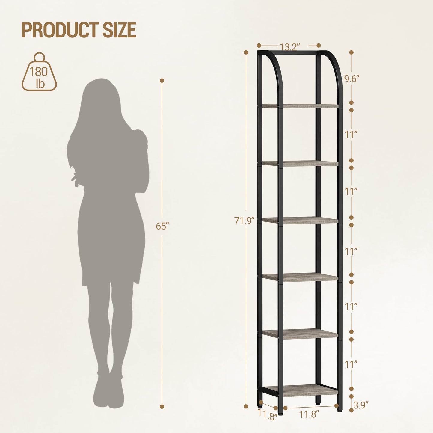Hzuaneri Bookshelf Bookcase Narrow Bookcase Shelf Organizer with Steel Frame for Study Living Room Bedroom Kitchen Home Office Industrial Bookshelf 6-Tier Greige BC56005B