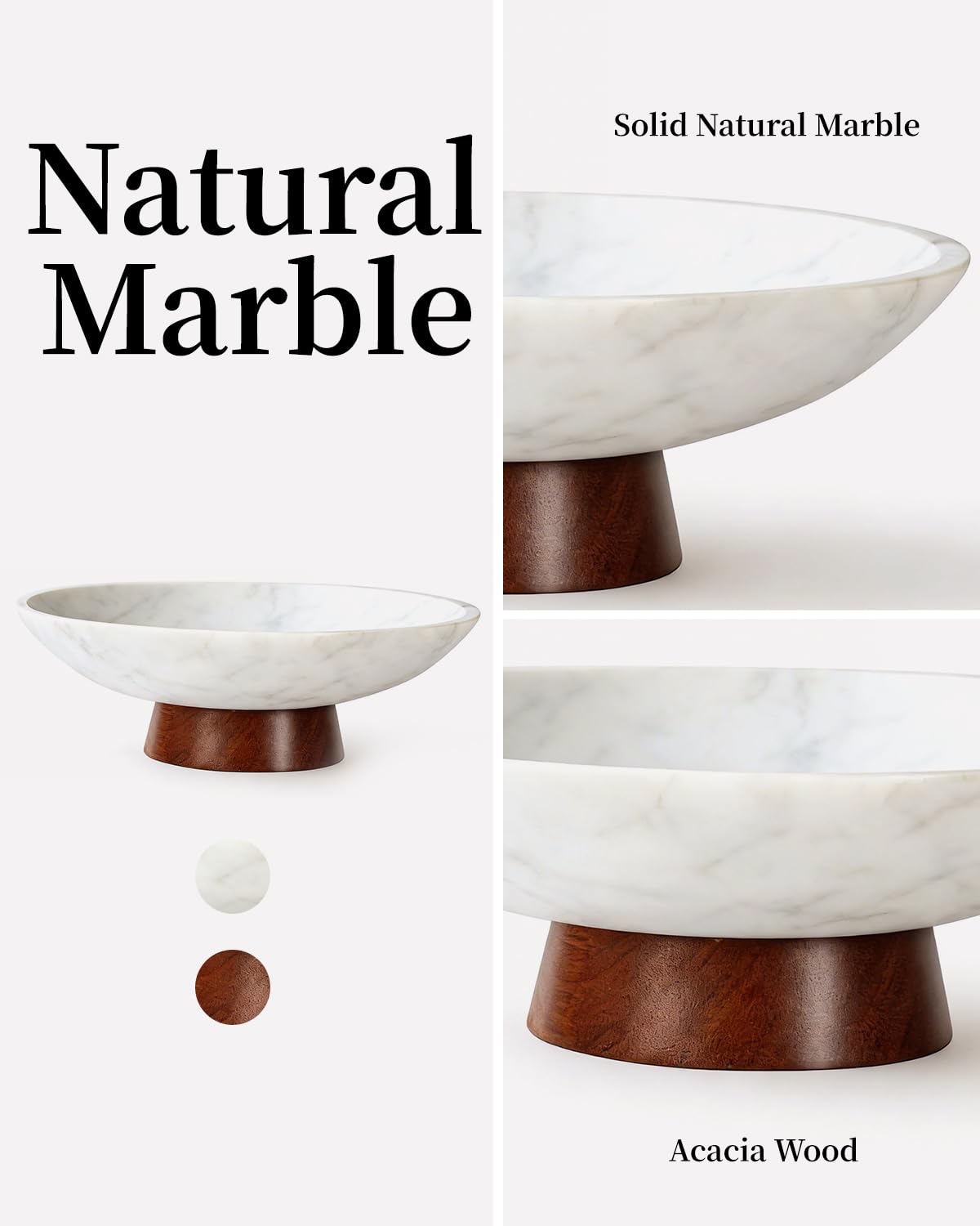 RGBDOT Marble Decorative Bowl, 11” Large Centerpiece for Table, Fruit Bowl for Kitchen Counter, Coffee Table or Entryway Decor, Modern Stone with Wood Base, Housewarming Gift - White