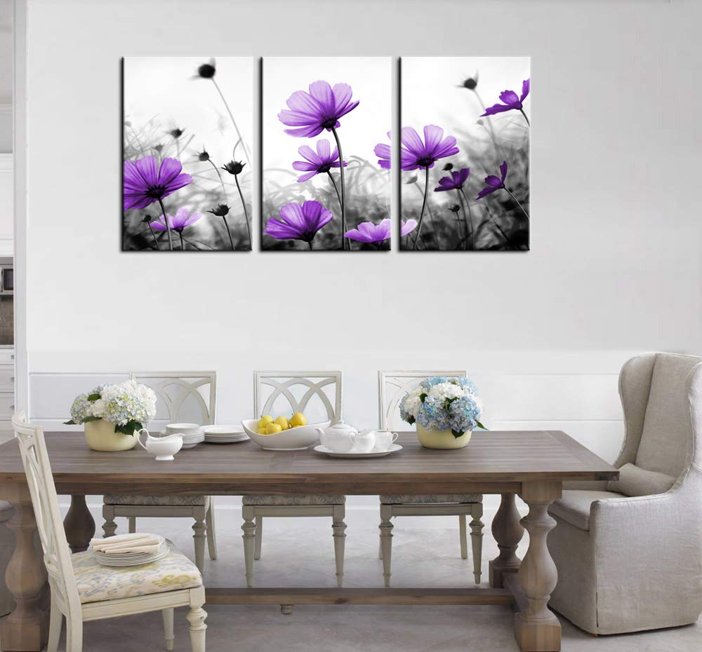 Flowers Wall Art Canvas Pictures Purple Wildflowers Black and White Background 3 Piece Canvas Art Blossom Contemporary Artwork for Home Decoration Office Kitchen Wall Decor 16"x 24" x 3 Panels
