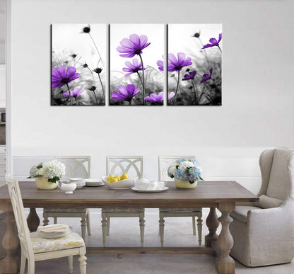 Flowers Wall Art Canvas Pictures Purple Wildflowers Black and White Background 3 Piece Canvas Art Blossom Contemporary Artwork for Home Decoration Office Kitchen Wall Decor 16"x 24" x 3 Panels