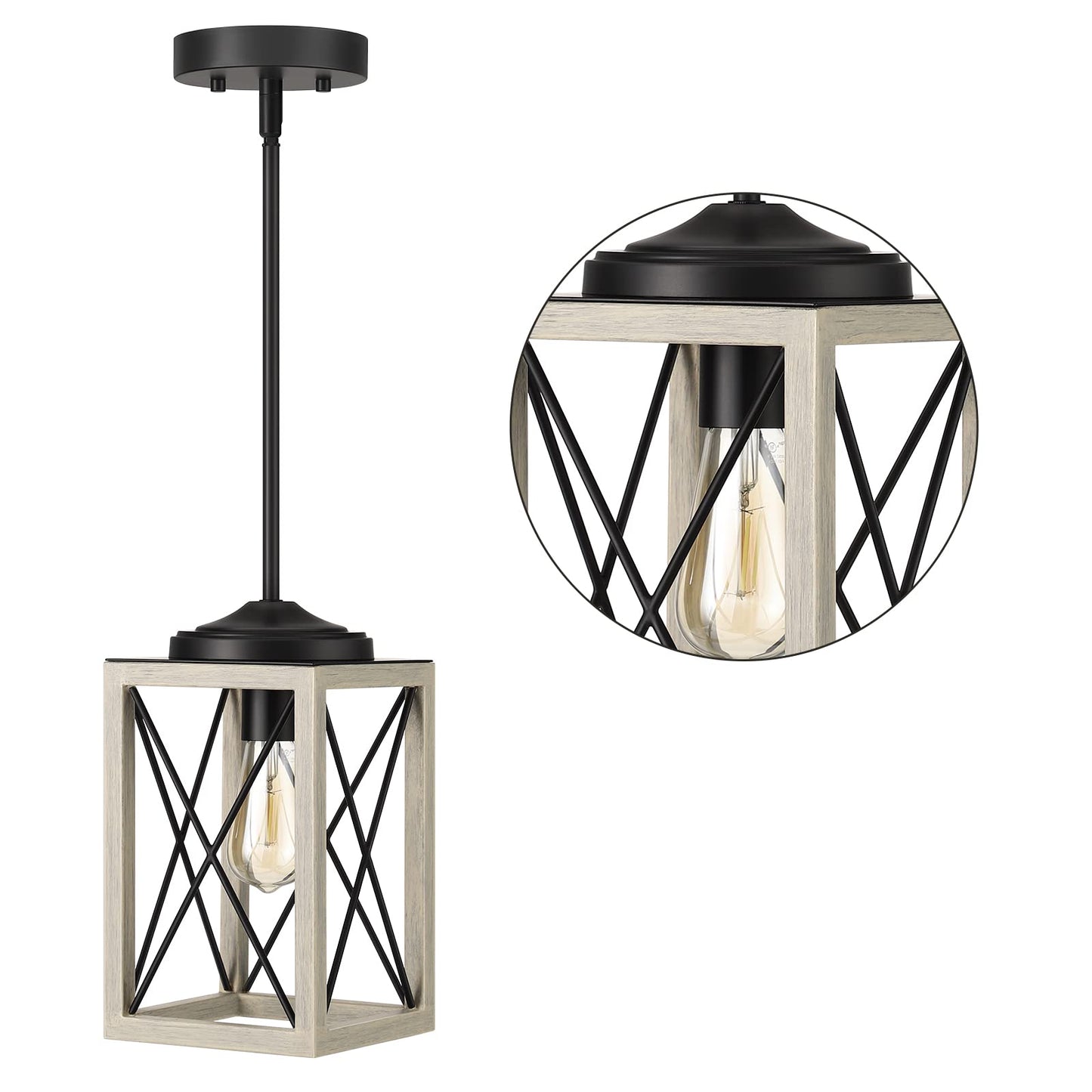 DEWENWILS Farmhouse Pendant Light, Metal Hanging Light Fixture with Wooden Grain Finish, 48" Adjustable Pipes for Flat and Slop Ceiling, Kitchen,Island, Living Room, Bedroom, E26 Base