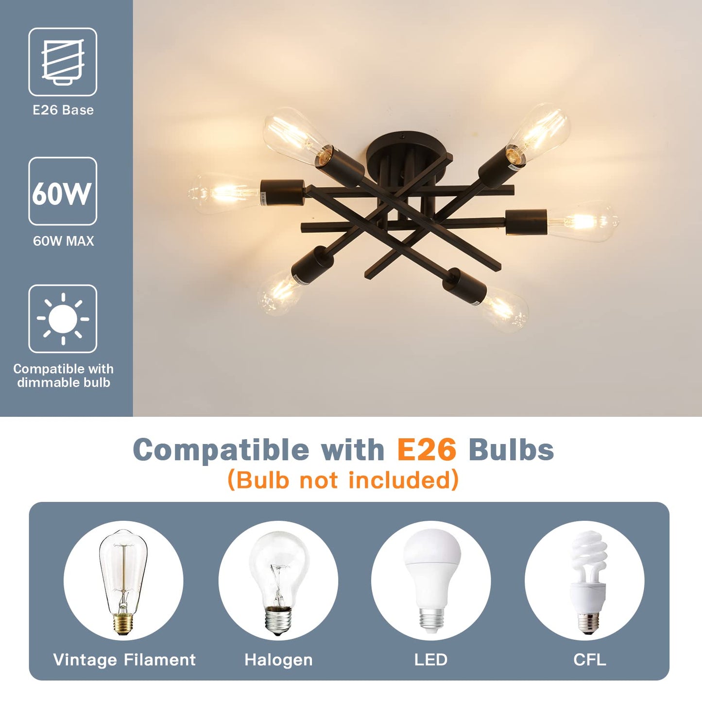 ASGYISA Semi Flush Mount Modern Ceiling Light Fixture， 6 Lights Black Vintage Matte Sputnik Chandelier Ceiling Lamp with E26 Bulb Base for Farmhouse Dining Room Living Room Bedroom Study Kitchen