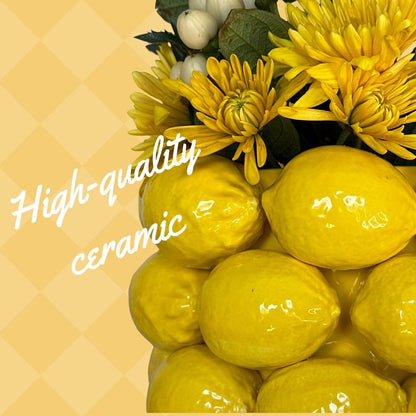 PeachiiPitt Lemon Vase -Cheery Yellow Ceramic French/Mediterranean Style Unique Vase with 3D Lemon Design- Lemon Kitchen Decor - Lemon Themed Housewarming Gift for her