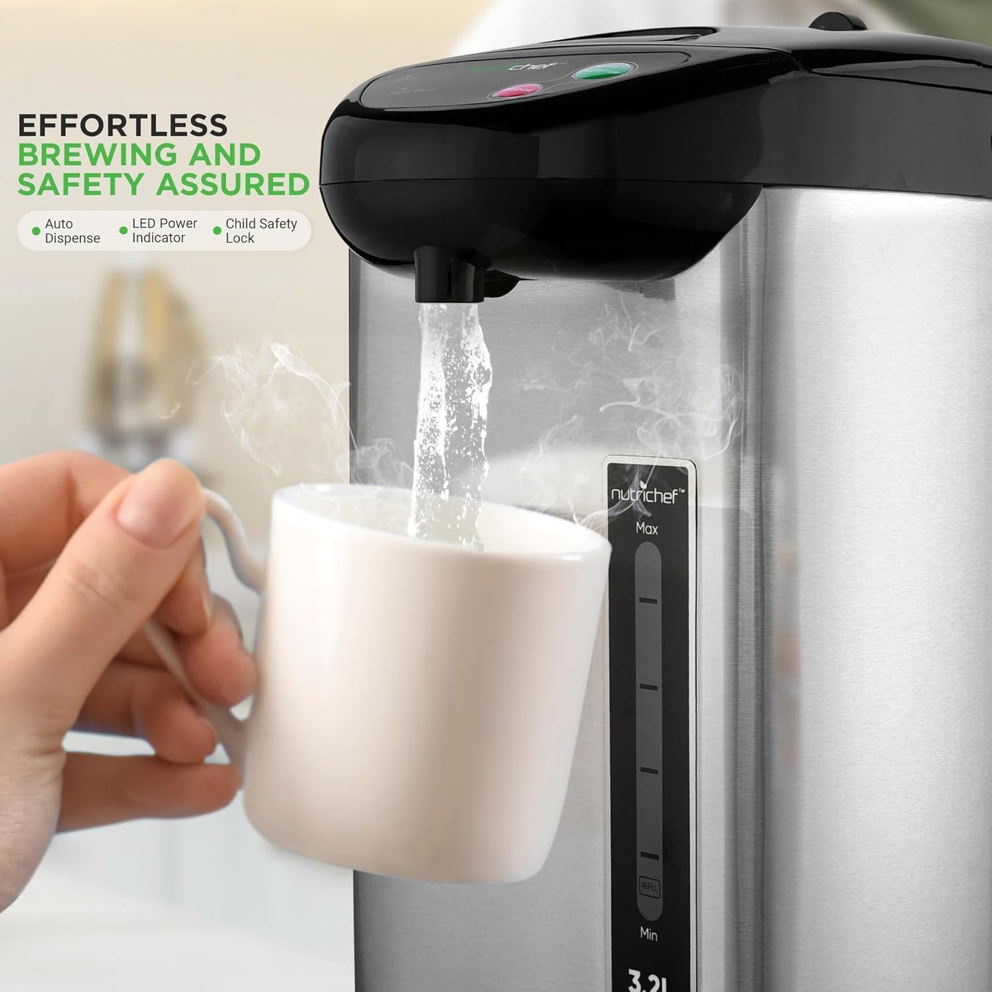 NutriChef Hot Water Urn Pot 3.38 QT, Insulated Stainless Steel Hot Water Dispenser & Boiler, Auto & Manual Dispense, Safety Lock, Electric Kettle