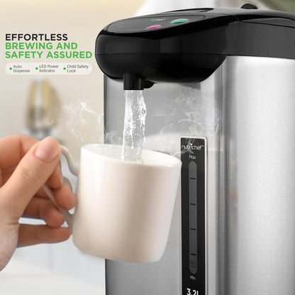 NutriChef Hot Water Urn Pot 3.38 QT, Insulated Stainless Steel Hot Water Dispenser & Boiler, Auto & Manual Dispense, Safety Lock, Electric Kettle
