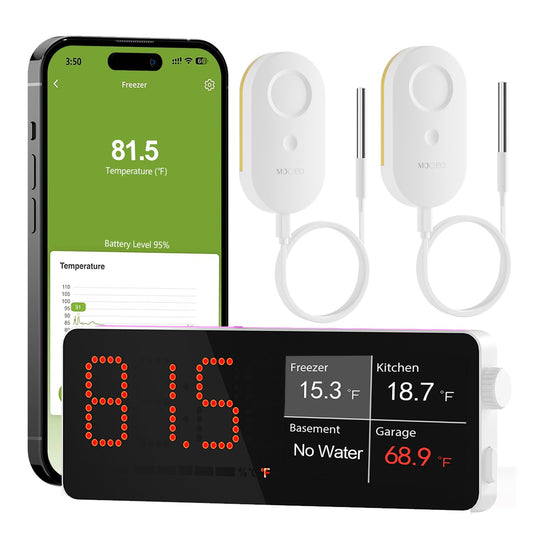 MOCREO WiFi Freezer Thermometer with Freezer Alarm, Screen Display, App Email Buzzer Alerts, Power Outage Alert, Ultra-Flat Probe, 2 Sensors, Remote Temperature Monitor for Home Kitchen Garage