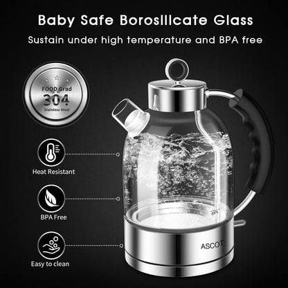 ASCOT Electric Kettle, Glass Electric Tea Kettle Gifts for Men/Women/Family 1.6L 1500W Borosilicate Glass Tea Heater, with Auto Shut-Off and Boil-Dry Protection (Silver)