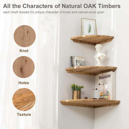 Conamily Corner Shelves, Floating Corner Shelf, Set of 2 12inch Solid Oak Wood Wall Shelves, Round End Wall Mount Display Shelf with Wire Hole for Bedroom Kitchen, Living Room