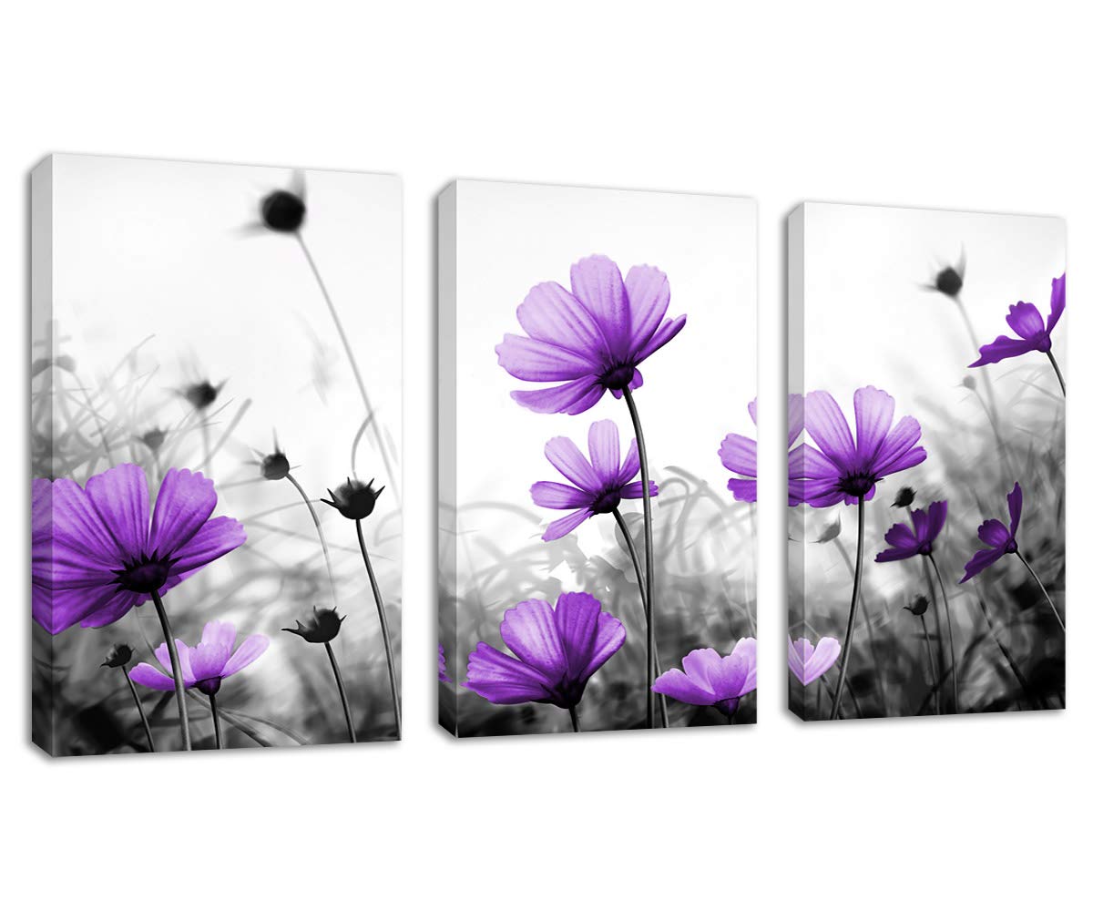 Flowers Wall Art Canvas Pictures Purple Wildflowers Black and White Background 3 Piece Canvas Art Blossom Contemporary Artwork for Home Decoration Office Kitchen Wall Decor 16"x 24" x 3 Panels