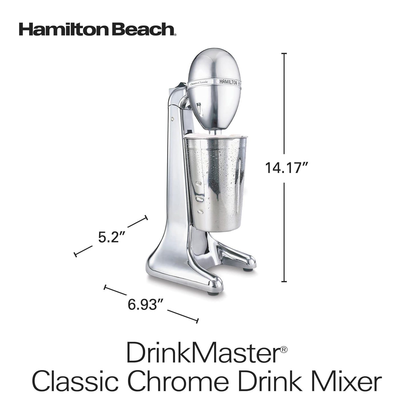 Hamilton Beach DrinkMaster Electric Drink Mixer, Retro Milkshake Maker & Milk Frother, 2 Speeds, Extra-Large 28 oz. Stainless Steel Cup, Classic Chrome