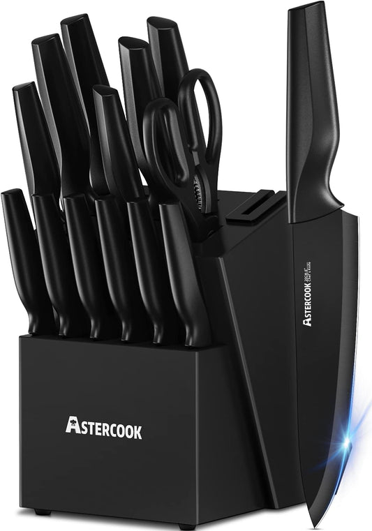 Astercook Knife Set, Kitchen Knife Set with Built-in Sharpener Block, Dishwasher Safe, 15 Pieces German Stainless Steel Knife Block Set, Black Mothers Day Gifts for Kitchen