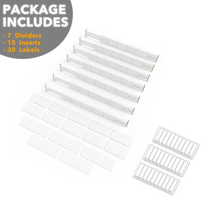 SpaceAid Bamboo Drawer Dividers with Inserts and Labels, Kitchen Adjustable Drawer Organizers, Expandable Organization for Home, Office, Dressers, 7 Dividers with 15 Inserts (17"-22" White)