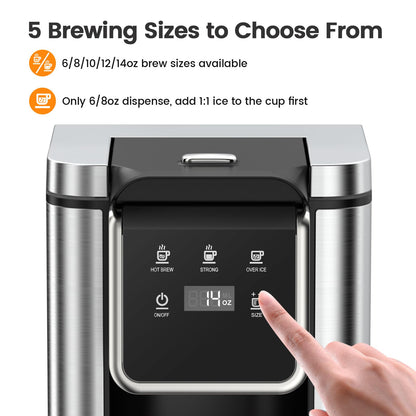Horavie Single Serve Coffee Maker for K-Cup Pod and Grounds, Hot and Iced Coffee Maker, Strong Button Feature, 6 to 14oz Brew Sizes, 50oz Removable Tank, Up to 6.5 Inch Cup, Stainless Steel, Black