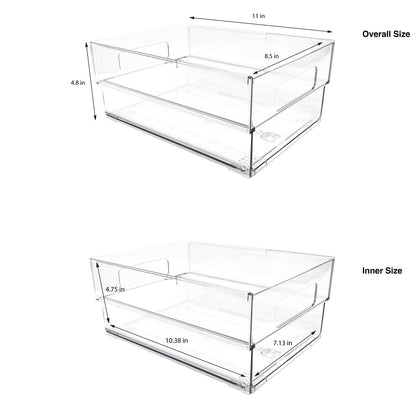 Isaac Jacobs 2-Pack Clear Expandable Storage Bins - Medium, 11"-19" L x 8.5" W x 4.8" H, Plastic Organizer with Cut-Out Handles, Adjustable Length from 11-19" for Home, Kitchen & Office