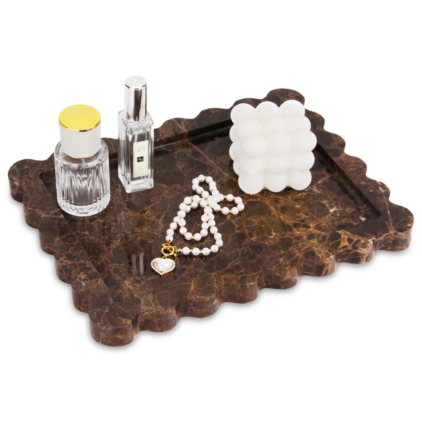 Scalloped Marble Decorative Tray,Luxury Natural Stone Bathroom Vanity Tray, Dresser Top Perfume Coffee Home Kitchen Toilet Sink Tray, Key Trinket Ring (Light Emperador, 10.8 * 8)