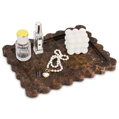 Scalloped Marble Decorative Tray,Luxury Natural Stone Bathroom Vanity Tray, Dresser Top Perfume Coffee Home Kitchen Toilet Sink Tray, Key Trinket Ring (Light Emperador, 10.8 * 8)