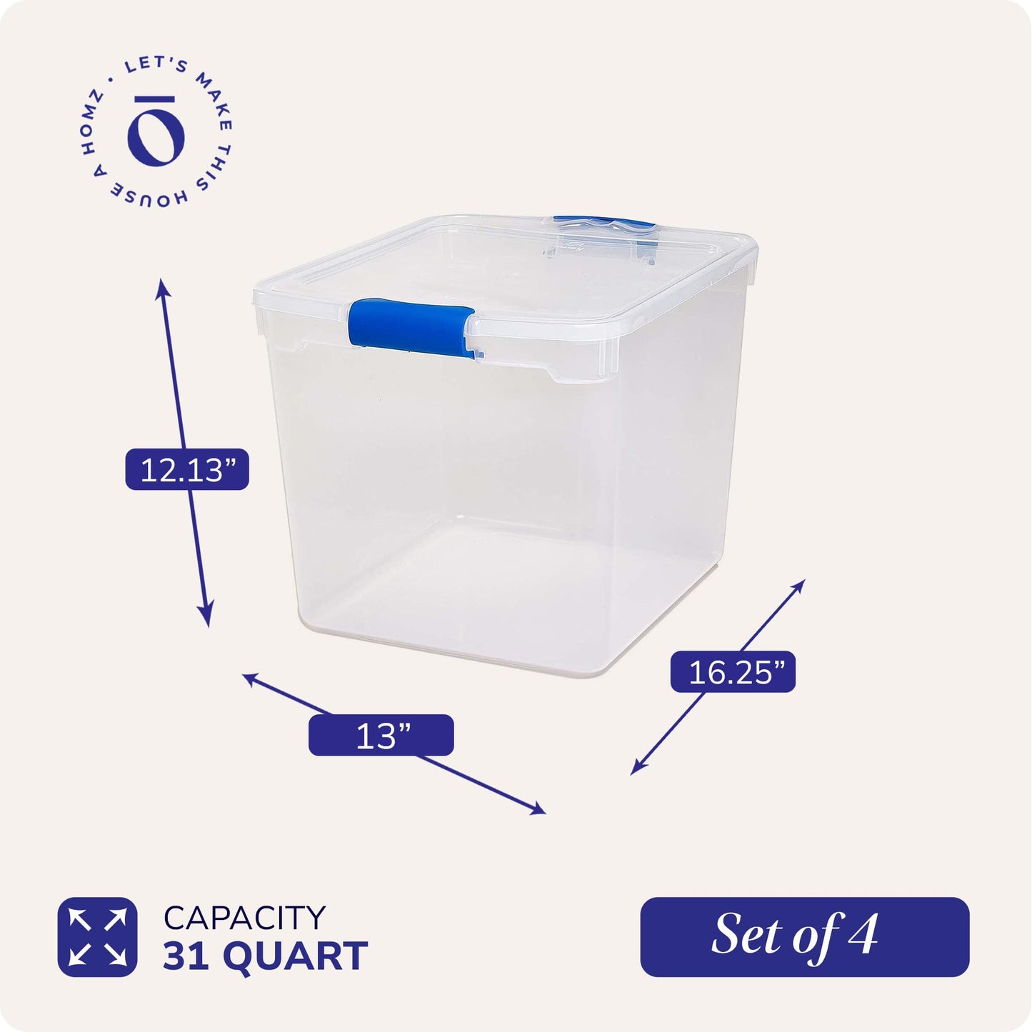 HOMZ 4-Pack 31 Quart Latching Lid, Clear Plastic Storage Organizer Bins, Blue – Stackable Containers for Home & Office Shelves, Kitchen, Garage, and Bathroom Organization