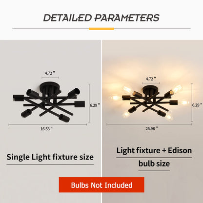 ASGYISA Semi Flush Mount Modern Ceiling Light Fixture， 6 Lights Black Vintage Matte Sputnik Chandelier Ceiling Lamp with E26 Bulb Base for Farmhouse Dining Room Living Room Bedroom Study Kitchen