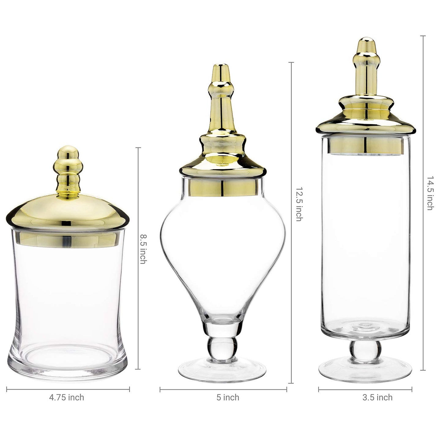 MyGift 3 Piece Set Antique Clear Glass Bathroom Apothecary Jars with Lid, Wedding Centerpiece, Kitchen Storage Jars with Metallic Brass-Tone Lids
