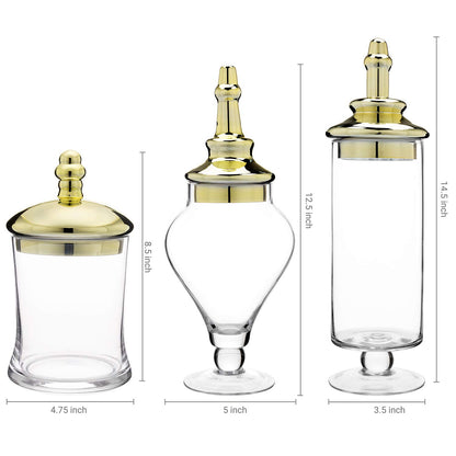 MyGift 3 Piece Set Antique Clear Glass Bathroom Apothecary Jars with Lid, Wedding Centerpiece, Kitchen Storage Jars with Metallic Brass-Tone Lids