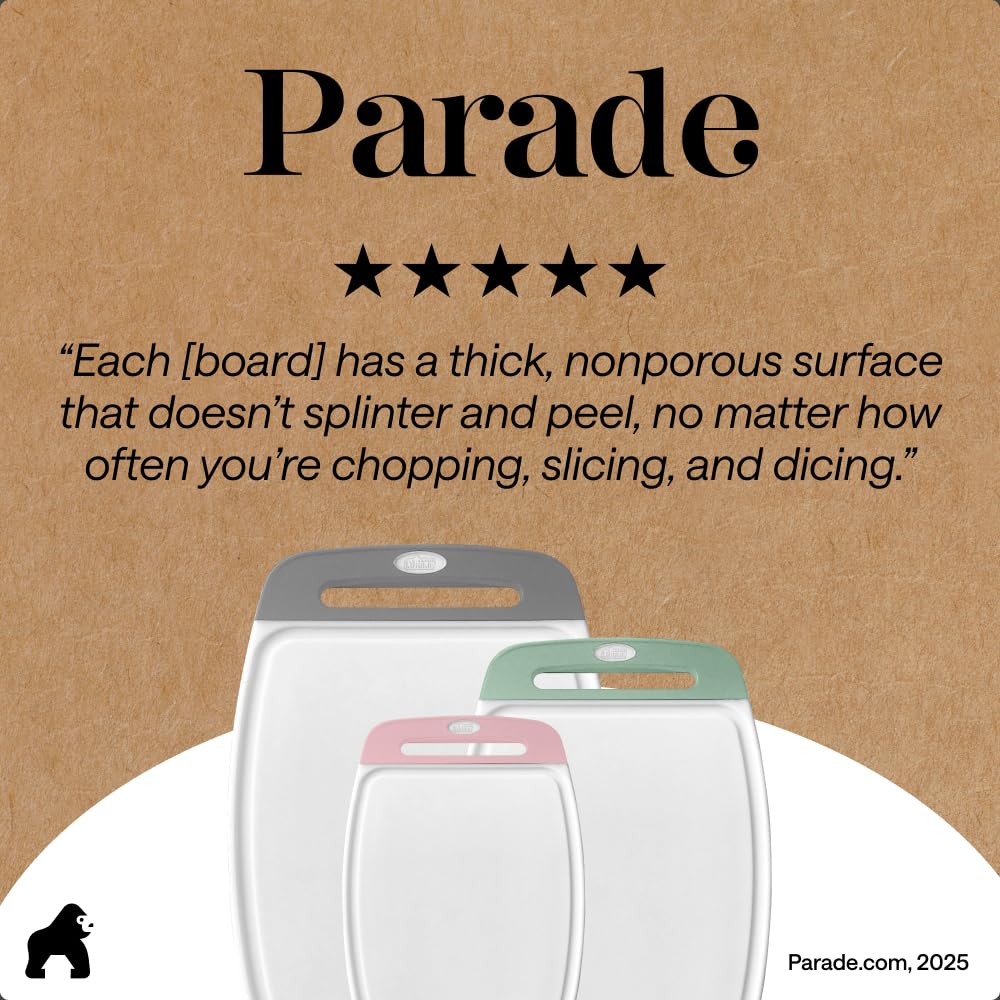 GORILLA GRIP BPA-Free Reversible Kitchen Cutting Board Set of 3, US Designed, Nonporous, Juice Grooves Catch Liquid, Slip Resistant Border, Dishwasher Safe Large Food Chopping Boards, Gray Mint Pink
