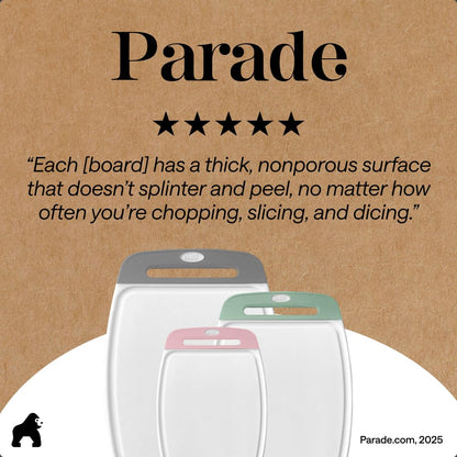 GORILLA GRIP BPA-Free Reversible Kitchen Cutting Board Set of 3, US Designed, Nonporous, Juice Grooves Catch Liquid, Slip Resistant Border, Dishwasher Safe Large Food Chopping Boards, Gray Mint Pink
