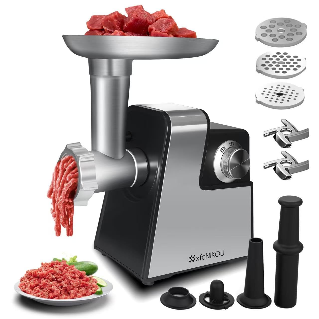 XFCNIKOU Electric Meat Grinder, 2800W Max Sausage Stuffer,Stainless Steel Meat Mincer With 2 Blades, 3 Plates, Sausage Tube And Kubbe Kit For Home Kitchen Use