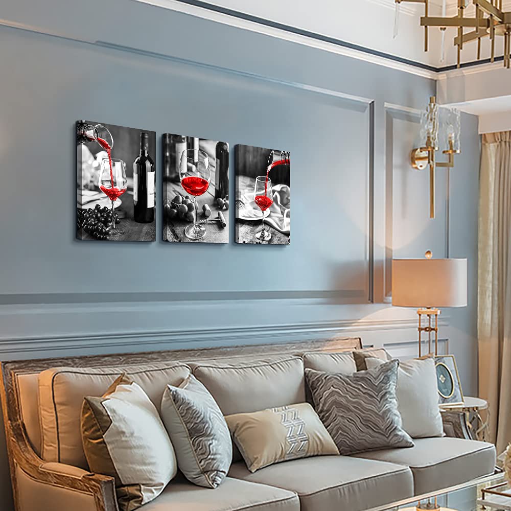 Canvas Wall Art For Kitchen Wall Decor For Dining Room Black And White Wine Glasses Painting Modern Red Wine Canvas Art Prints Ready To Wall Pictures For Restaurant Home Decorations 16"X24" 3 Pieces