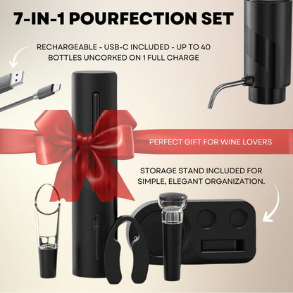 Rechargeable Electric Automatic Wine Bottle Opener Electric Aerator Foil Cutter Vacuum Stopper Pourer 7in1 Wine Accessories Set w Storage Stand Sleek Design Wine Lover Gift Home Kitchen Bar Must-Have