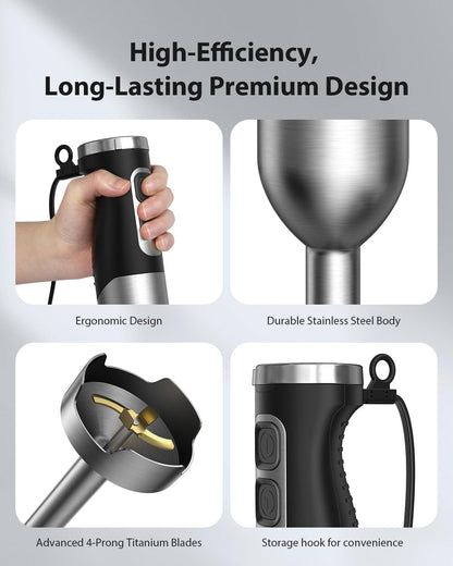 1000W Powerful Immersion Blender Handheld, 2025 New Update Hand Blender with 25-Speed and Heavy-Duty Copper Motor (Silver)