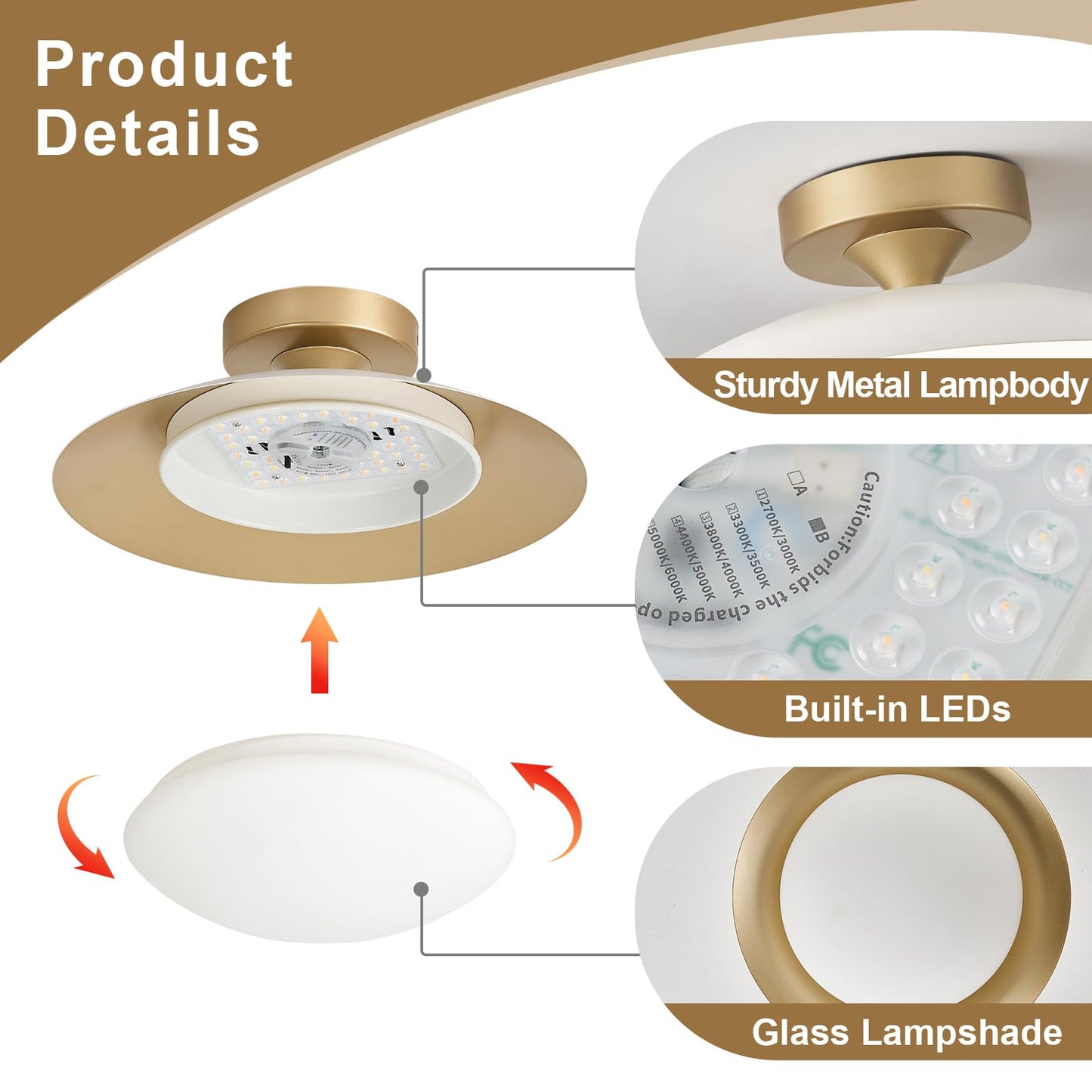 Dimmable Modern Mid-Century Ceiling Light, White and Gold LED Semi Flush Mount Ceiling Light, 5CCT 2700K-6000K Lighting Fixture Ceiling Lamp with Glass Shade for Bedroom Hallway Kitchen, 12.6in