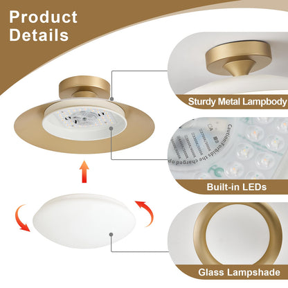 Dimmable Modern Mid-Century Ceiling Light, White and Gold LED Semi Flush Mount Ceiling Light, 5CCT 2700K-6000K Lighting Fixture Ceiling Lamp with Glass Shade for Bedroom Hallway Kitchen, 12.6in