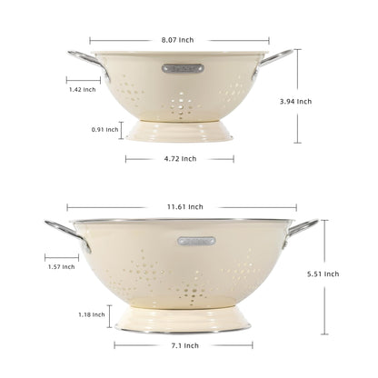 Metal Colander 2 Pack, Strainer Bowel with Handles 2Qt & 6Qt Powder Coated Solid Ring Base Heavey Duty Kitchen Drainer Basket for Pasta Veggies and Fruits,New Home Apartment Essentials (Almond Cream)