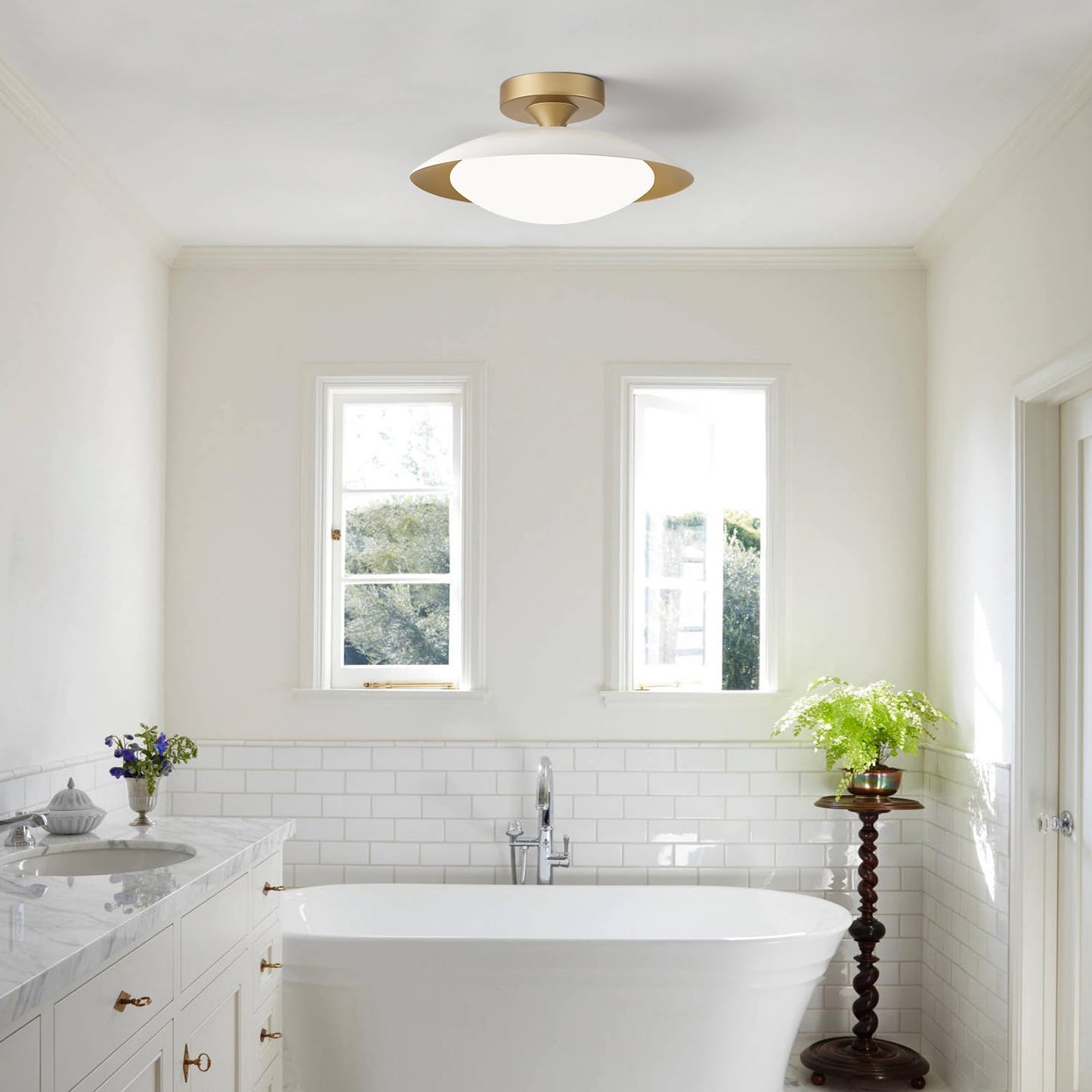 Dimmable Modern Mid-Century Ceiling Light, White and Gold LED Semi Flush Mount Ceiling Light, 5CCT 2700K-6000K Lighting Fixture Ceiling Lamp with Glass Shade for Bedroom Hallway Kitchen, 12.6in
