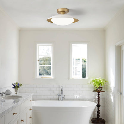 Dimmable Modern Mid-Century Ceiling Light, White and Gold LED Semi Flush Mount Ceiling Light, 5CCT 2700K-6000K Lighting Fixture Ceiling Lamp with Glass Shade for Bedroom Hallway Kitchen, 12.6in