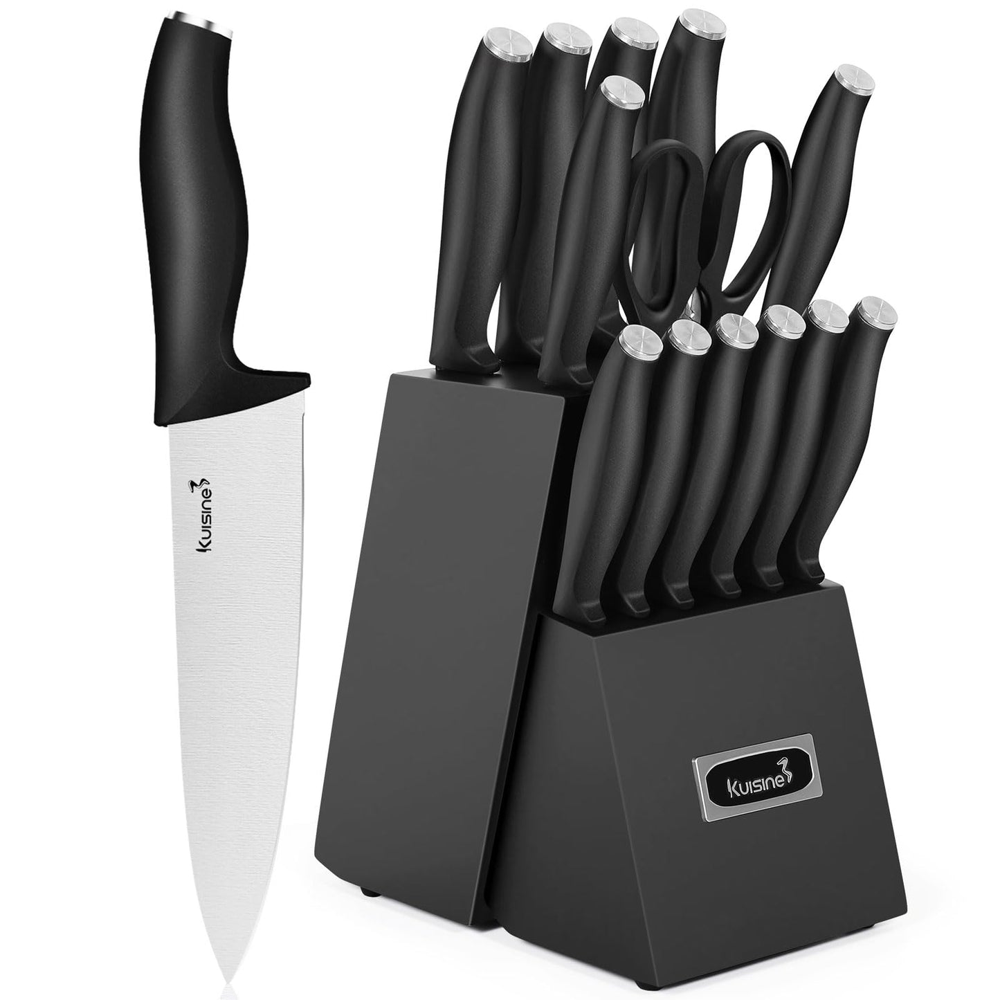 Kuisine Knife Set 15 pieces High Carbon Stainless Steel Professional Kitchen Knife block set with Sharpener Black