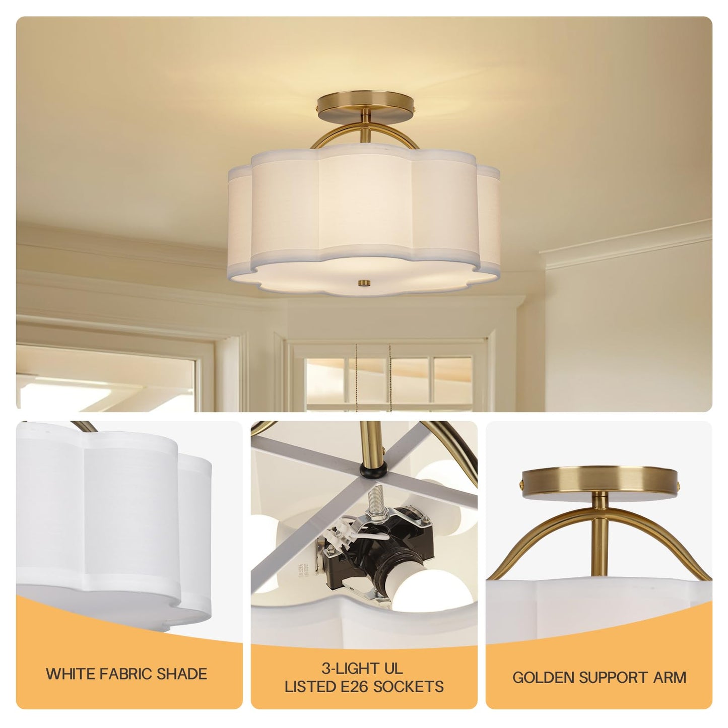 CALOKES Semi Flush Mount Ceiling Light, 11.8" Modern 3-Light Fixture with Petal-Shaped Cream White Fabric Shade and Golden Support Arm, Ideal for Bedroom, Kitchen, Living Room, Hallway, and Entryway