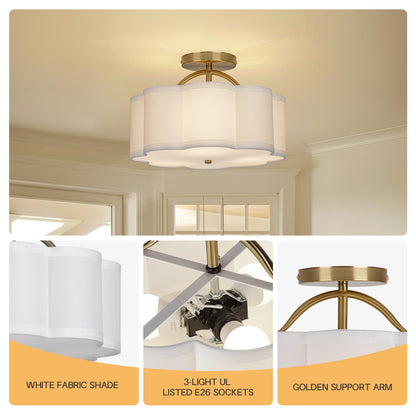 CALOKES Semi Flush Mount Ceiling Light, 11.8" Modern 3-Light Fixture with Petal-Shaped Cream White Fabric Shade and Golden Support Arm, Ideal for Bedroom, Kitchen, Living Room, Hallway, and Entryway