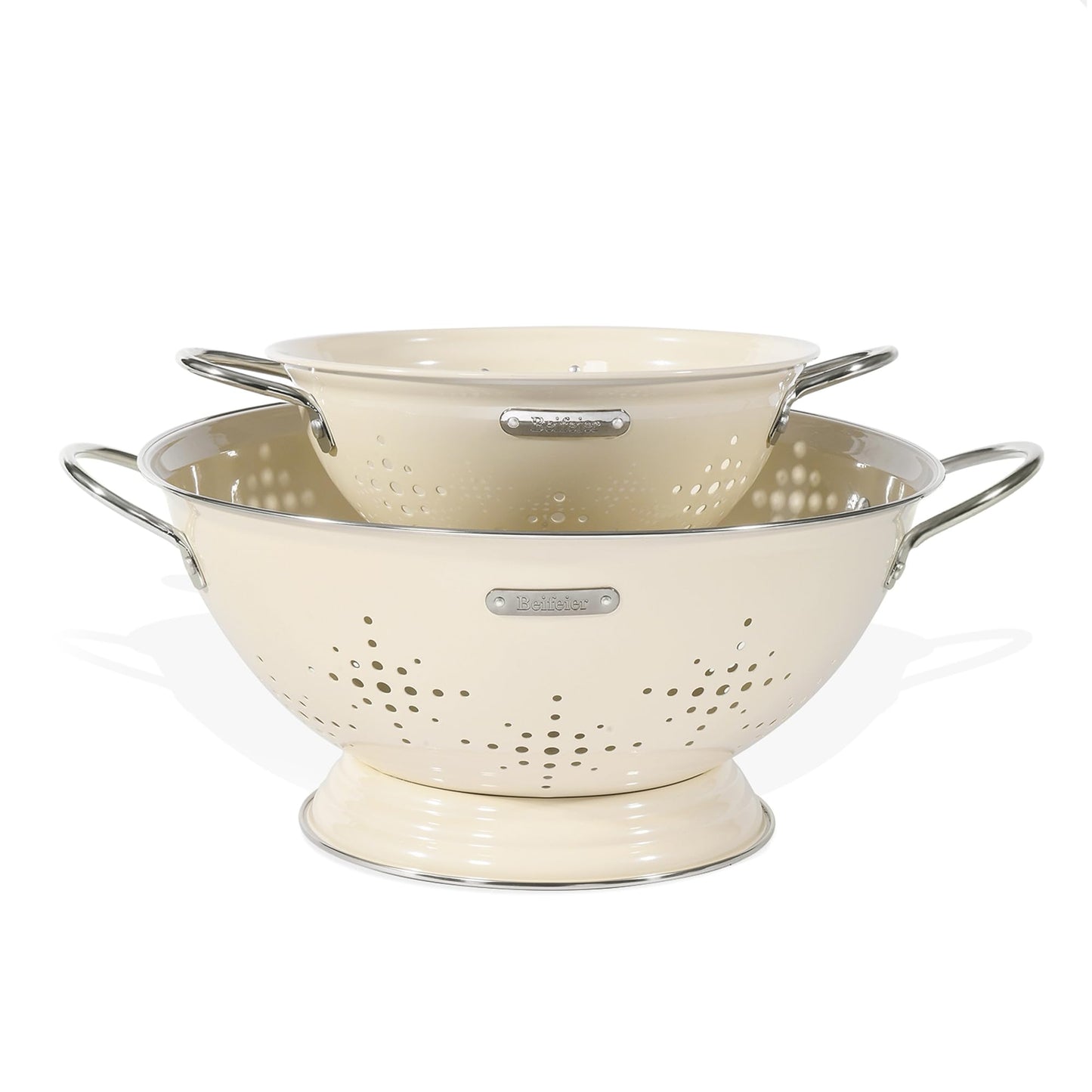 Metal Colander 2 Pack, Strainer Bowel with Handles 2Qt & 6Qt Powder Coated Solid Ring Base Heavey Duty Kitchen Drainer Basket for Pasta Veggies and Fruits,New Home Apartment Essentials (Almond Cream)