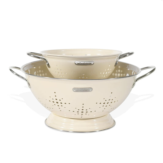 Metal Colander 2 Pack, Strainer Bowel with Handles 2Qt & 6Qt Powder Coated Solid Ring Base Heavey Duty Kitchen Drainer Basket for Pasta Veggies and Fruits,New Home Apartment Essentials (Almond Cream)