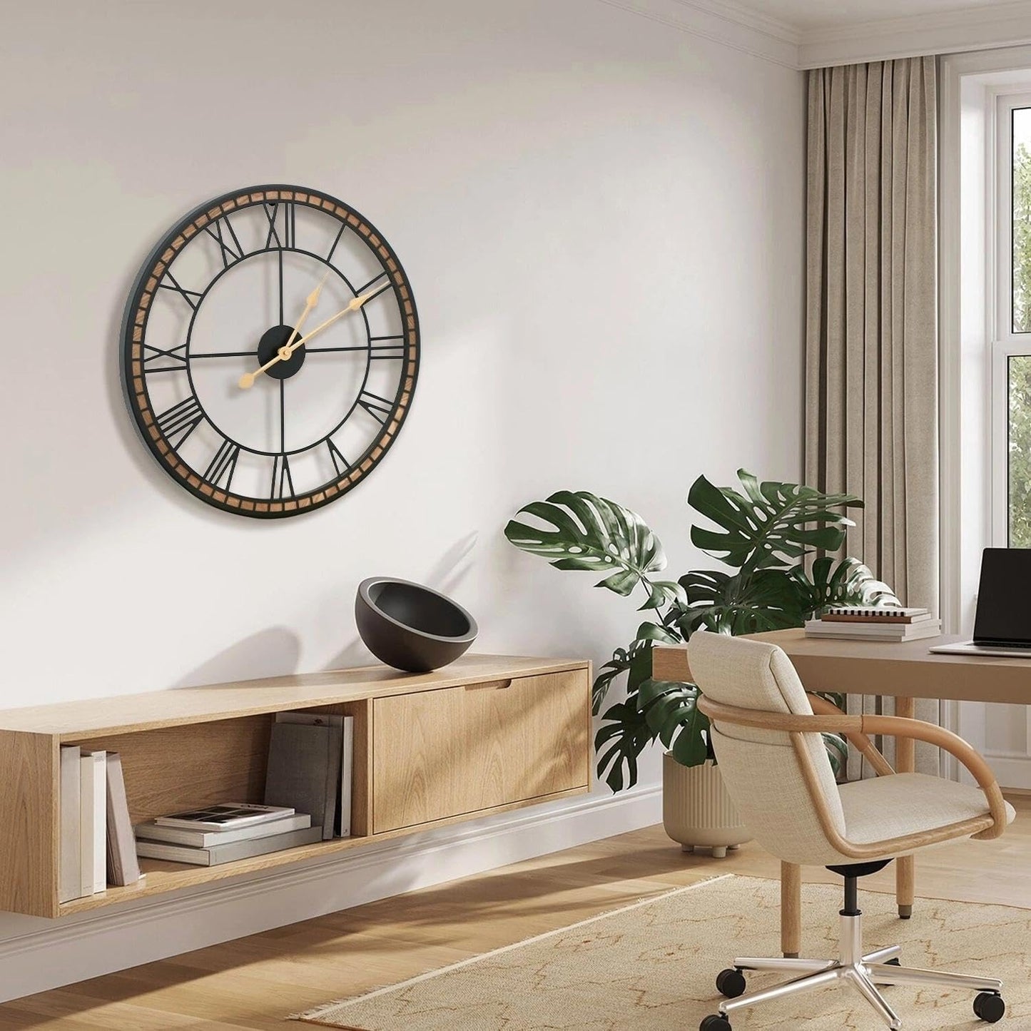 Micasso Large Farmhouse Wall Clock: 20 inch Modern Metal Black with Solid Wood Frame - Rustic Roman Numeral Decorative Wall Clock for Living Room/Entryway/Kitchen - Home Decor for Fashion-Conscious