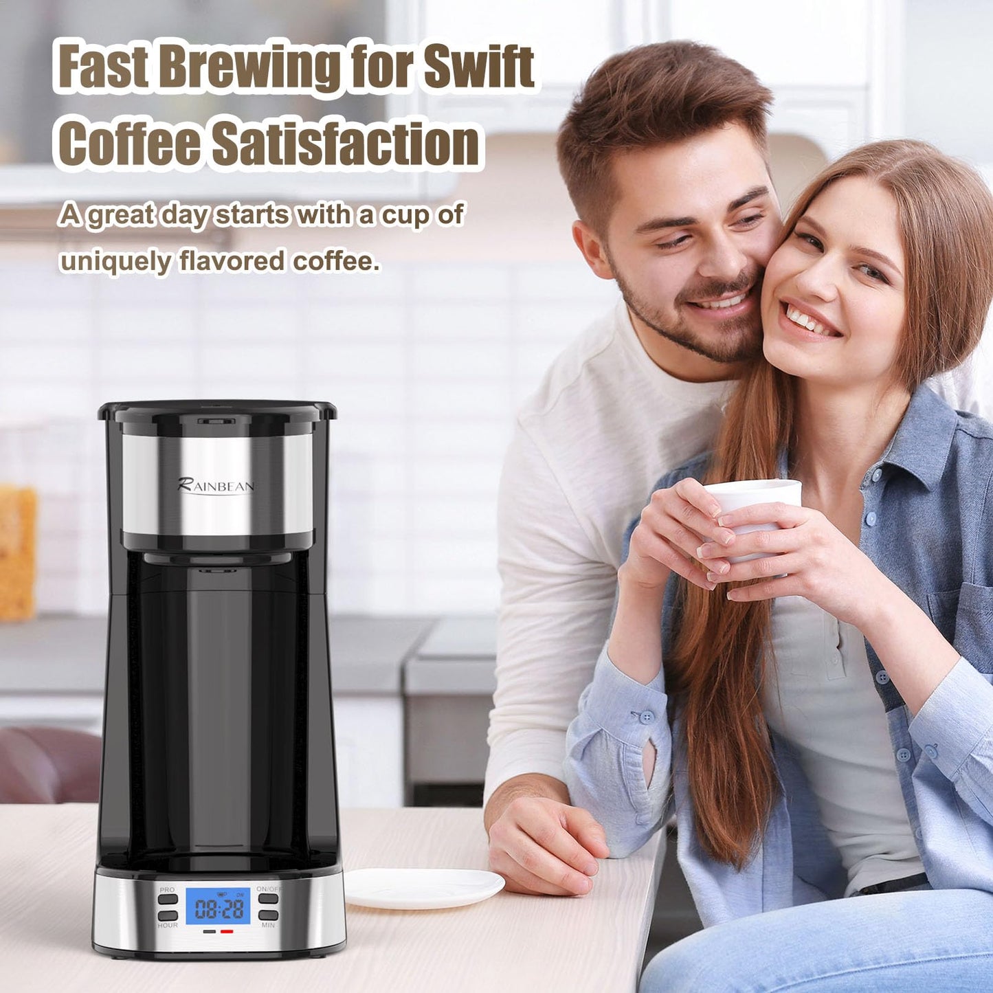RAINBEAN Single Serve Coffee Maker, Programable Single-Serve Brewers, Timer Auto Start/Off, 14 Oz Single Cup Coffee Machine For Ground Coffee, 700W Quick Brewing, Perfect Gifts for Coffee Lovers