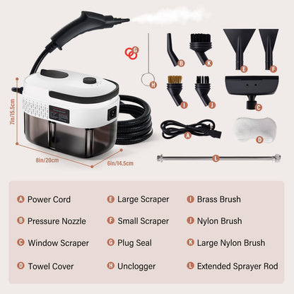 Lamberia Steam Cleaner with 12pcs Accessories, 2500W 1400ml 1.5 Quarts Tank, 3-Level Adjustable Portable Handheld Pressurized Steamer, 15s Heat-Up Steam Cleaner for Home, Car, Kitchen(White, US Plug)