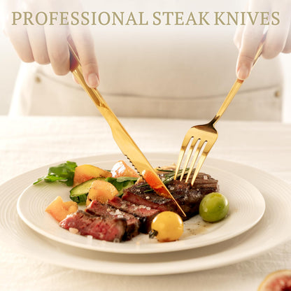 Astercook Silverware Set 48-Piece Gold Flatware Set with Steak Knives Food-Grade Stainless Steel Cutlery Set for 8 Mirror Polished Utensils Set for Home Kitchen Restaurant Mothers Day Gifts for Women